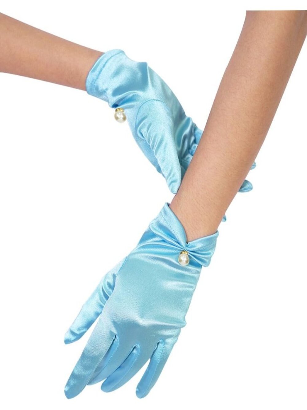 Women's Sky Blue Pearl Accent Wrist Length Halloween Party Stretchy Lace Gloves